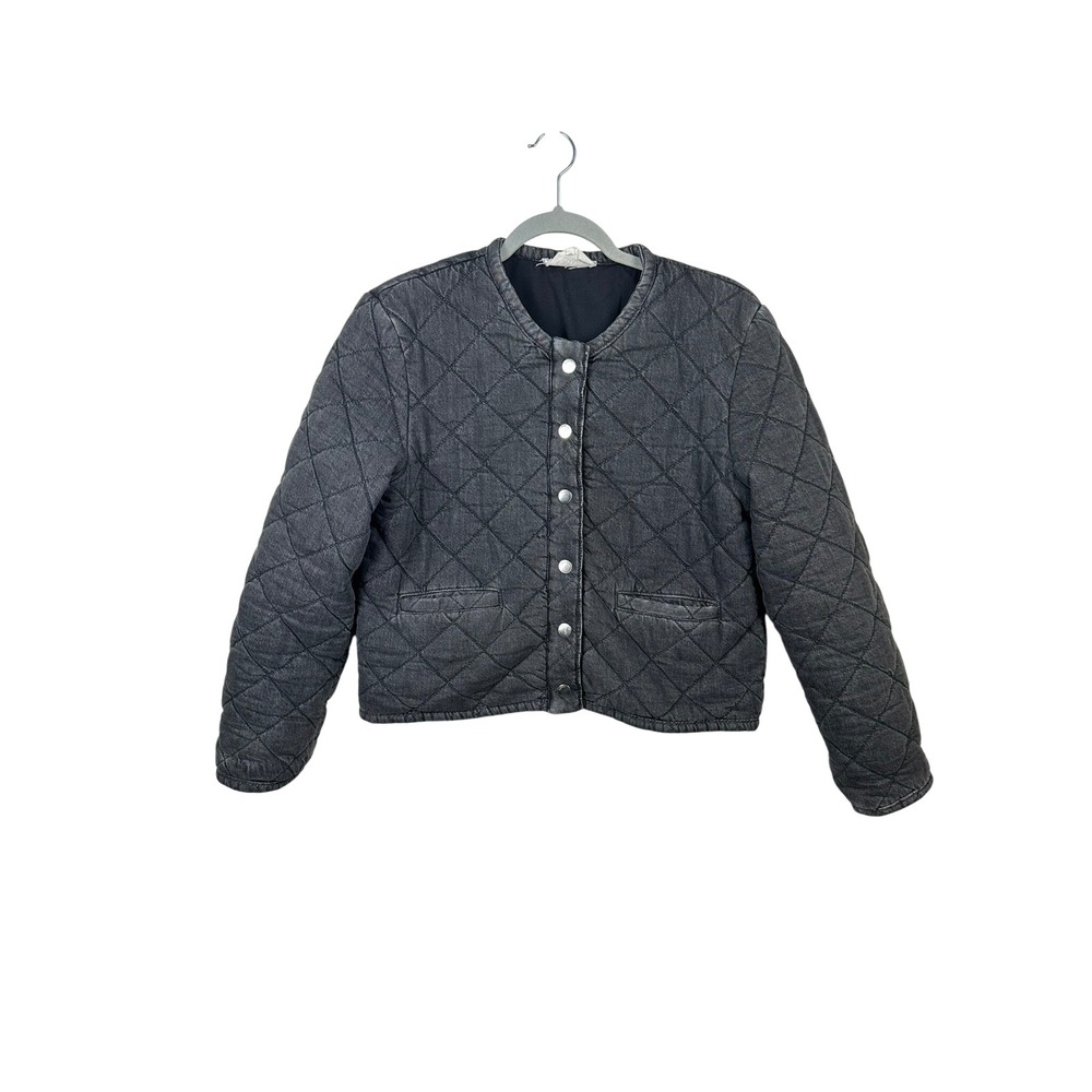 ba&sh Quilted Denim Jacket Women Size 2 Black Excellent Cropped Snap Front
